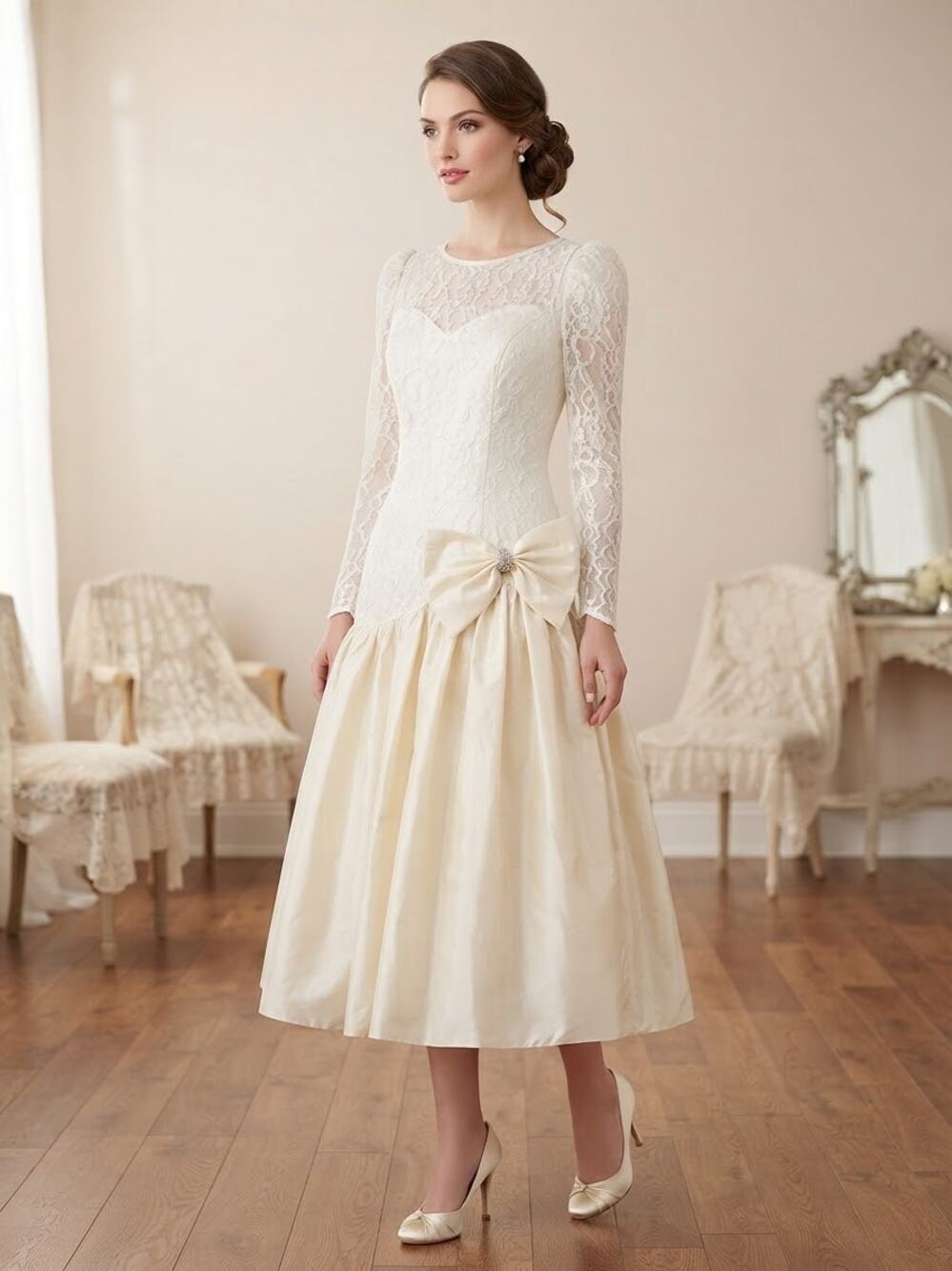 VTG 80s Jessica McClintock Lace Satin Drop Waist Wedding Prom Dress RN 76322 Bow